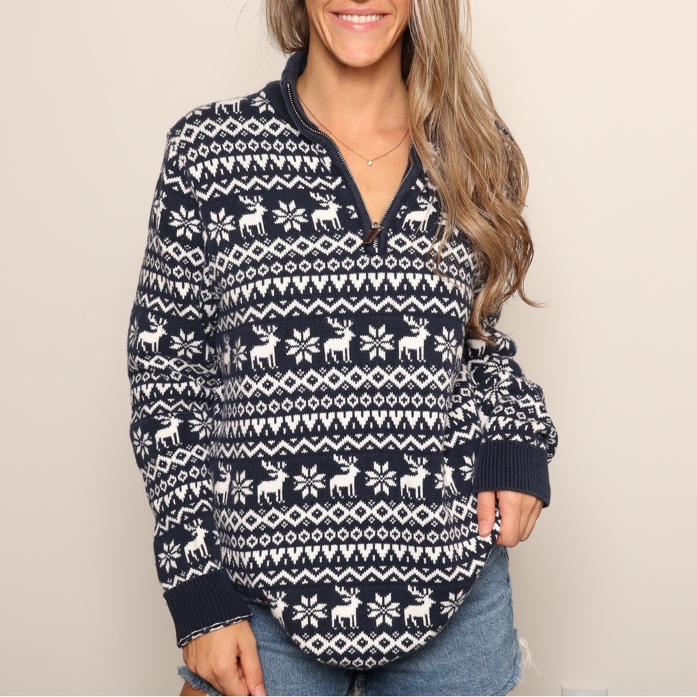 ❄️ 100% Cotton Longline Nordic Design Navy and White Reindeer Pattern Sweater - Picture 2 of 4
